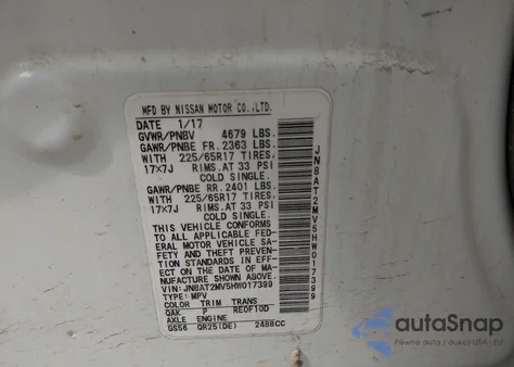 2017 Nissan Rogue Sv from USA, damaged, VIN JN8AT2MV5HW017399